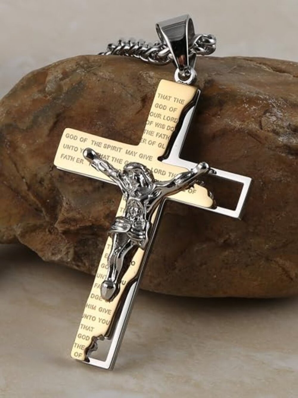 Men's Stainless Steel Cross Crucifix Bible Prayer Pendant Necklace | Waterproof,